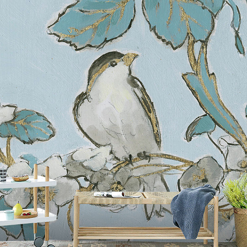 Full Size Sparrow Wall Art Green Non-Woven Fabric Wall Mural for Living Room Decoration, Custom-Made Gold Clearhalo 'Wall Decor' 'Wall Mural' 931047