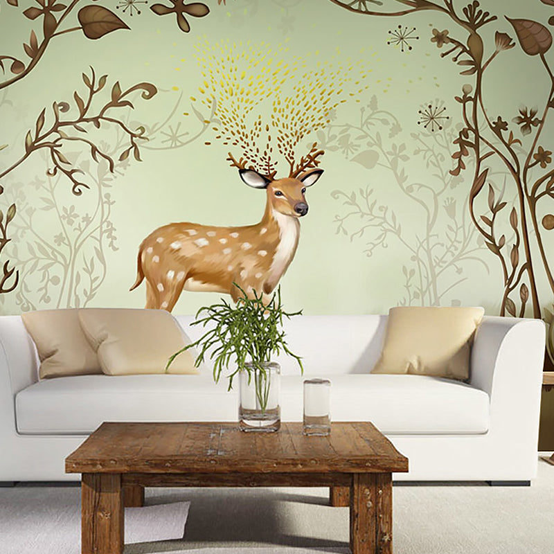 Whole Mural Wallpaper Turquoise Deer and Branch Non-Woven Wall Covering for Home Decor, Made to Measure Turquoise Clearhalo 'Wall Decor' 'Wall Mural' 931052