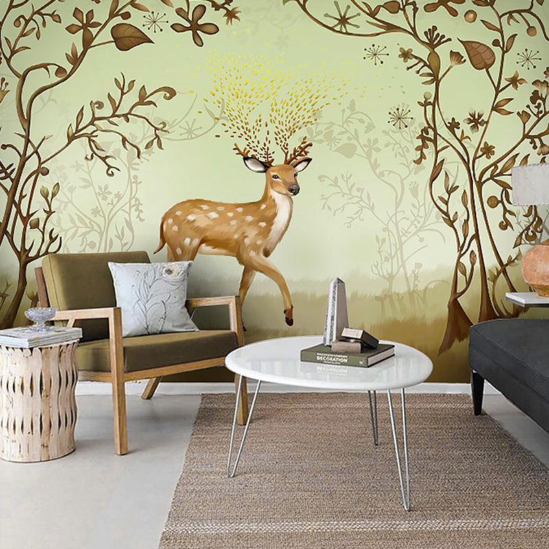 Whole Mural Wallpaper Turquoise Deer and Branch Non-Woven Wall Covering for Home Decor, Made to Measure Clearhalo 'Wall Decor' 'Wall Mural' 931053