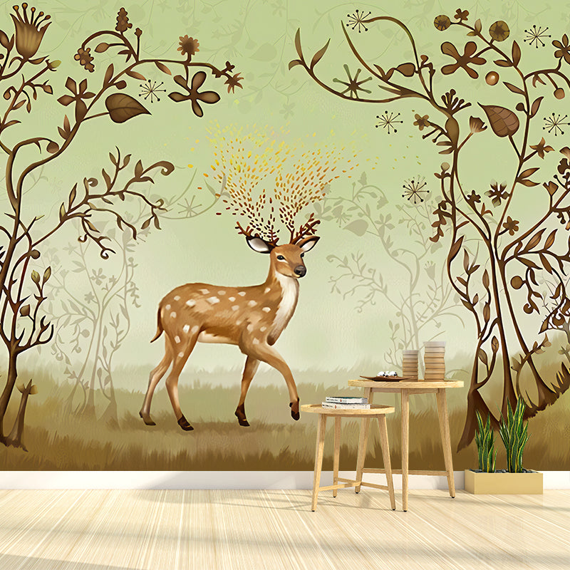 Whole Mural Wallpaper Turquoise Deer and Branch Non-Woven Wall Covering for Home Decor, Made to Measure Clearhalo 'Wall Decor' 'Wall Mural' 931054
