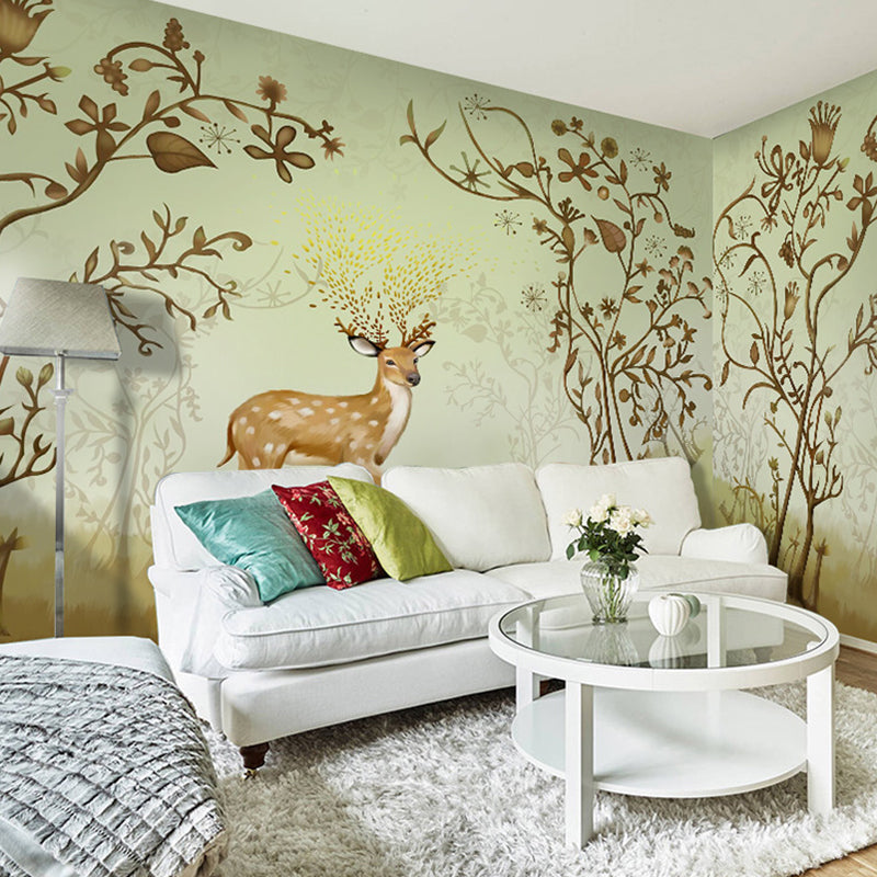 Whole Mural Wallpaper Turquoise Deer and Branch Non-Woven Wall Covering for Home Decor, Made to Measure Clearhalo 'Wall Decor' 'Wall Mural' 931055