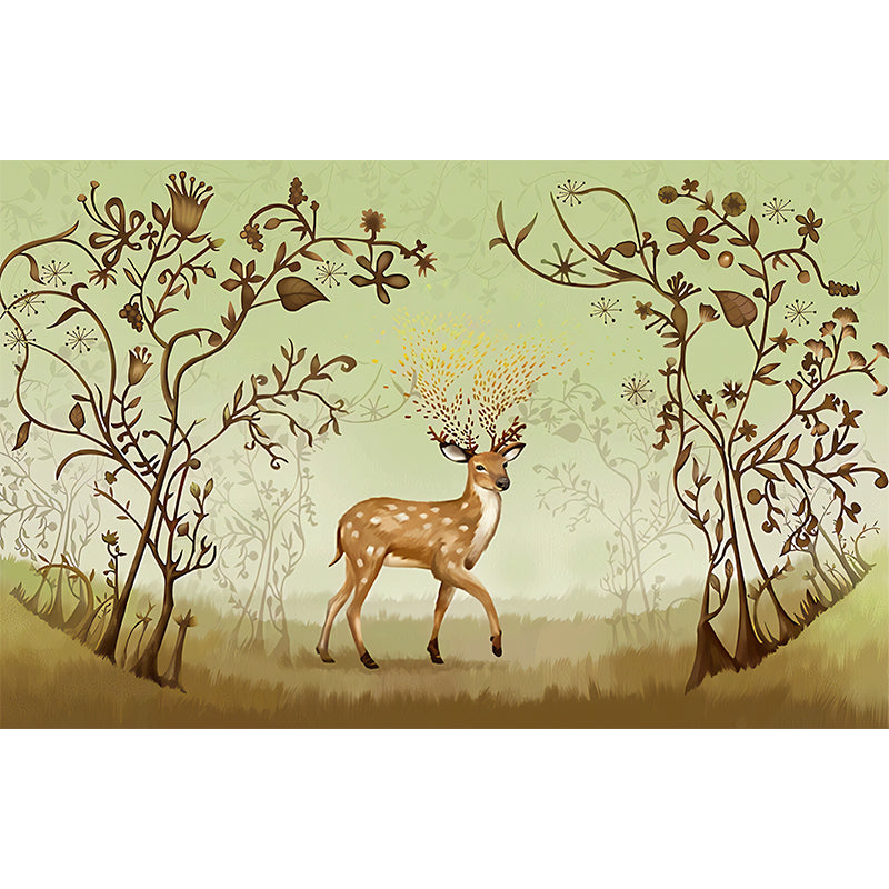 Whole Mural Wallpaper Turquoise Deer and Branch Non-Woven Wall Covering for Home Decor, Made to Measure Clearhalo 'Wall Decor' 'Wall Mural' 931056