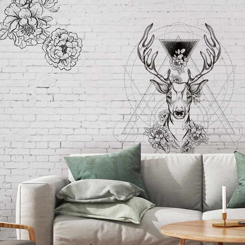 Scandinavian Mural Black and White Deer and Flower Large Wall Decor, Personalized Size Available Clearhalo 'Wall Decor' 'Wall Mural' 931060