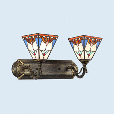 2 Lights Pyramid Sconce Light Stained Glass Traditional Wall Light in Aged Brass for Bedroom Antique Brass Clearhalo 'Industrial' 'Middle century wall lights' 'Tiffany wall lights' 'Tiffany' 'Wall Lamps & Sconces' 'Wall Lights' Lighting' 93439