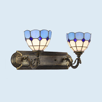 Blue Bowl Sconce Lighting Stained Glass 2 Lights Mediterranean Wall Lamp in Antique Bronze for Bedroom Blue Clearhalo 'Industrial' 'Middle century wall lights' 'Tiffany wall lights' 'Tiffany' 'Wall Lamps & Sconces' 'Wall Lights' Lighting' 93446