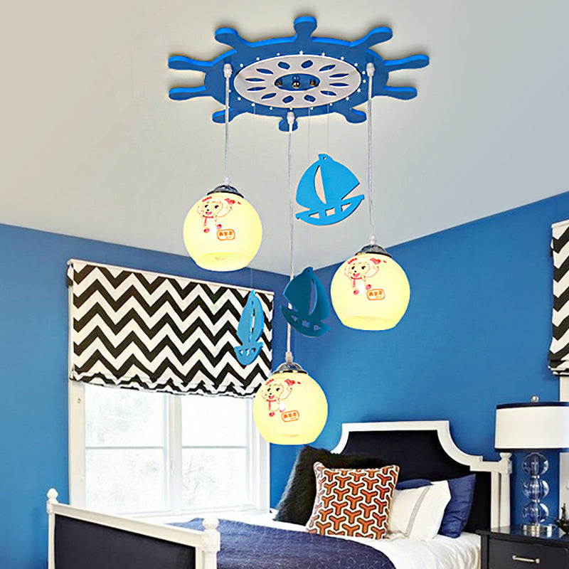 Seaside Sheep Hanging Lamp 3 Lights Glass Pendant Light Fixture in Blue for Kid Bedroom Clearhalo 'Ceiling Lights' 'Pendant Lights' 'Pendants' Lighting' 93976