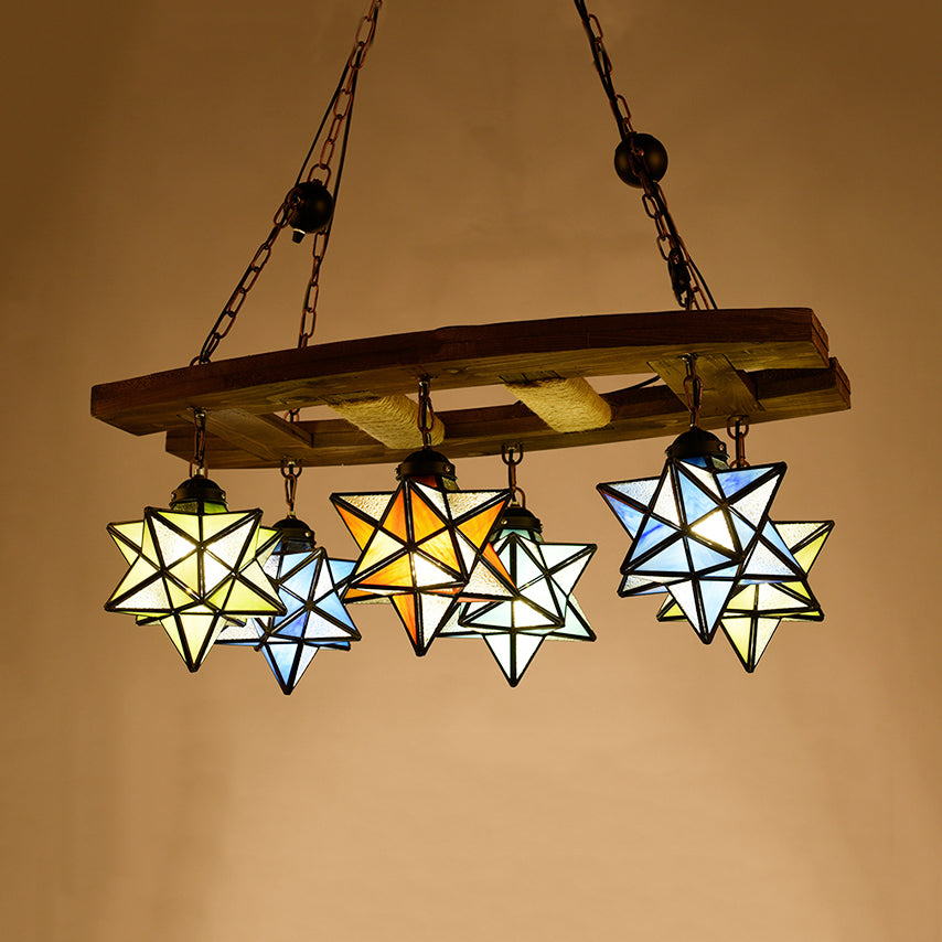 Multi Color Star Chandelier Stained Glass 6 Lights Rustic Loft Hanging Pendant Light in Rust for Bar Clearhalo 'Ceiling Lights' 'Chandeliers' 'Industrial' 'Middle Century Chandeliers' 'Tiffany Chandeliers' 'Tiffany close to ceiling' 'Tiffany' Lighting' 94426