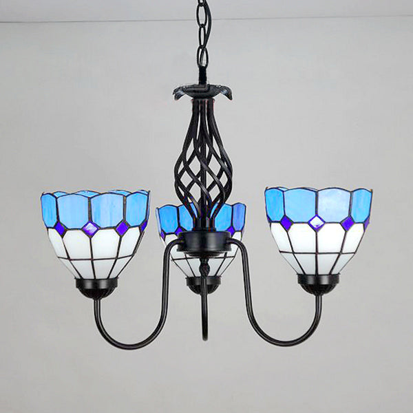 Nautical Bowl Pendant Light with Gooseneck Blue Glass 3 Lights Ceiling Chandelier for Foyer Blue Clearhalo 'Ceiling Lights' 'Chandeliers' 'Industrial' 'Middle Century Chandeliers' 'Tiffany Chandeliers' 'Tiffany close to ceiling' 'Tiffany' Lighting' 94483