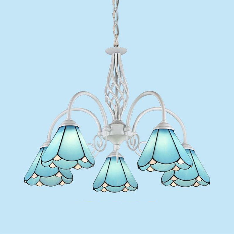 5 Lights Cone Hanging Light with Metal Chain and Gooseneck Stained Glass Vintage Blue Chandelier Clearhalo 'Ceiling Lights' 'Chandeliers' 'Industrial' 'Middle Century Chandeliers' 'Tiffany Chandeliers' 'Tiffany close to ceiling' 'Tiffany' Lighting' 94505