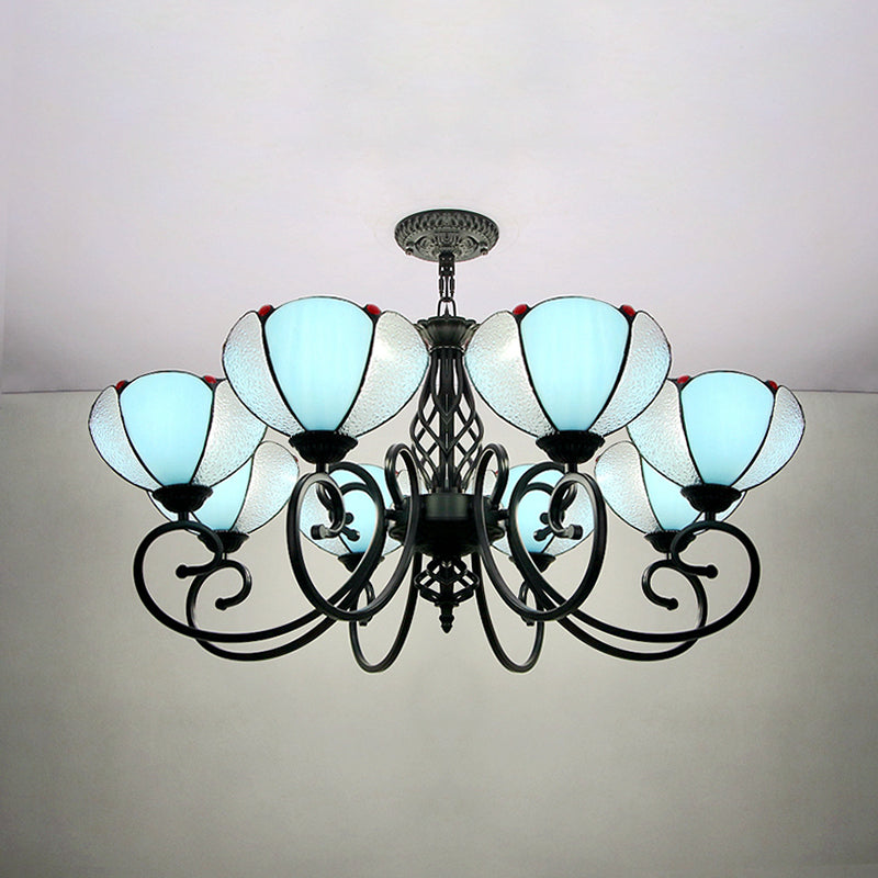 Rustic Petal Shape Chandelier Light Blue and Clear Glass Shade 8 Lights Pendant Light for Hallway Blue Clearhalo 'Ceiling Lights' 'Chandeliers' 'Industrial' 'Middle Century Chandeliers' 'Tiffany Chandeliers' 'Tiffany close to ceiling' 'Tiffany' Lighting' 94547