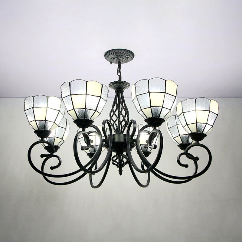 Bowl Hanging Chandelier with Black Curved Arm Tiffany 8 Lights Indoor Pendant Light in White for Hall White Clearhalo 'Ceiling Lights' 'Chandeliers' 'Industrial' 'Middle Century Chandeliers' 'Tiffany Chandeliers' 'Tiffany close to ceiling' 'Tiffany' Lighting' 94558