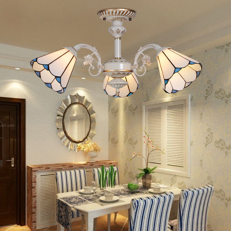 White Glass Conical Hanging Ceiling Light Traditional 3 Lights Chandelier Lighting for Bedroom White Clearhalo 'Ceiling Lights' 'Chandeliers' 'Close To Ceiling Lights' 'Close to ceiling' 'Glass shade' 'Glass' 'Semi-flushmount' 'Tiffany close to ceiling' 'Tiffany' Lighting' 94862