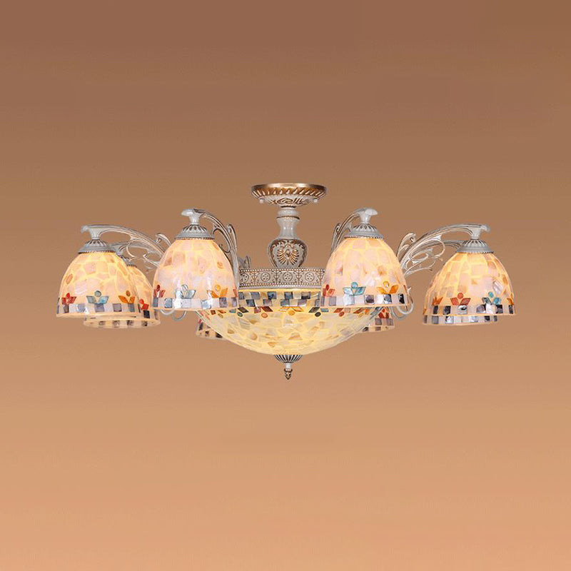 Bowl Hanging Chandelier with Shelly Shade Vintage Multi Light Ceiling Lamp for Living Room Clearhalo 'Ceiling Lights' 'Chandeliers' 'Close To Ceiling Lights' 'Close to ceiling' 'Glass shade' 'Glass' 'Island Lights' 'Semi-flushmount' 'Tiffany close to ceiling' 'Tiffany' Lighting' 94881