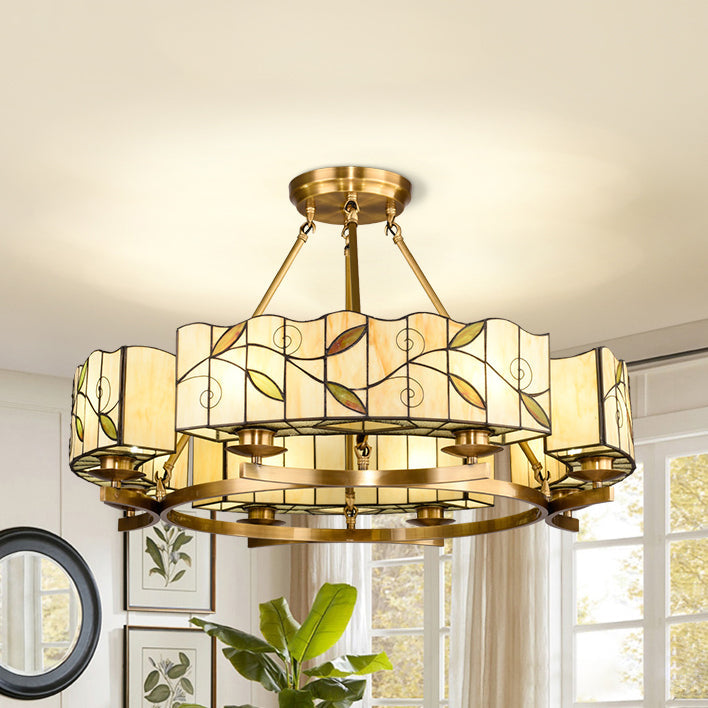 White Glass Leaf Ceiling Light Rustic Vintage 8 Lights Hanging Chandelier for Living Room White Clearhalo 'Ceiling Lights' 'Close To Ceiling Lights' 'Close to ceiling' 'Glass shade' 'Glass' 'Semi-flushmount' 'Tiffany close to ceiling' 'Tiffany' Lighting' 94958