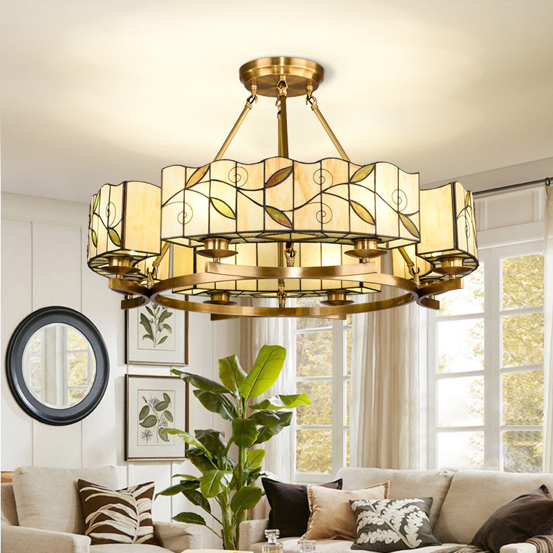 White Glass Leaf Ceiling Light Rustic Vintage 8 Lights Hanging Chandelier for Living Room Clearhalo 'Ceiling Lights' 'Close To Ceiling Lights' 'Close to ceiling' 'Glass shade' 'Glass' 'Semi-flushmount' 'Tiffany close to ceiling' 'Tiffany' Lighting' 94959