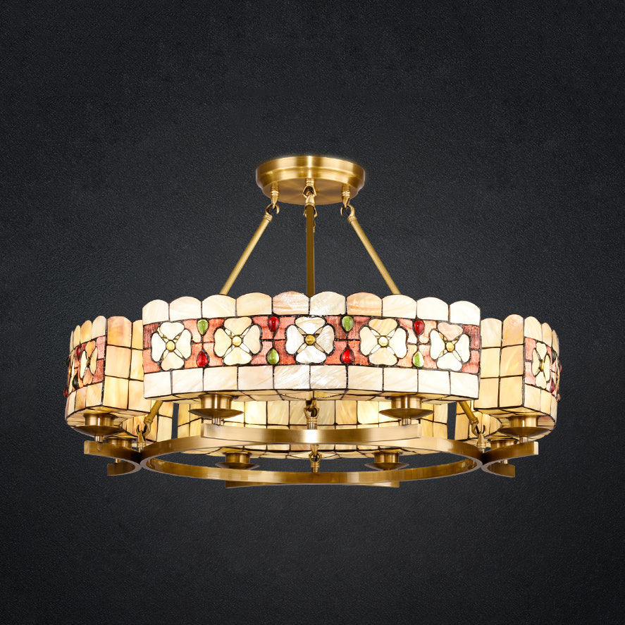 Flower Chandelier Lighting 8 Lights Stained Glass Rustic Vintage Ceiling Pendant in Brass Beige Clearhalo 'Ceiling Lights' 'Chandeliers' 'Close To Ceiling Lights' 'Close to ceiling' 'Glass shade' 'Glass' 'Island Lights' 'Semi-flushmount' 'Tiffany close to ceiling' 'Tiffany' Lighting' 94964