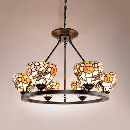 Dragonfly Suspension Light with Bowl Shade Stained Glass 6 Lights Indoor Chandelier Light for Foyer Black Clearhalo 'Ceiling Lights' 'Chandeliers' 'Industrial' 'Middle Century Chandeliers' 'Tiffany Chandeliers' 'Tiffany close to ceiling' 'Tiffany' Lighting' 94983