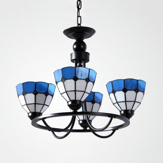 Blue Glass Bowl Ceiling Hanging Light 4 Lights Mediterranean Chandelier Lamp for Bedroom Clearhalo 'Ceiling Lights' 'Chandeliers' 'Industrial' 'Middle Century Chandeliers' 'Tiffany Chandeliers' 'Tiffany close to ceiling' 'Tiffany' Lighting' 95003