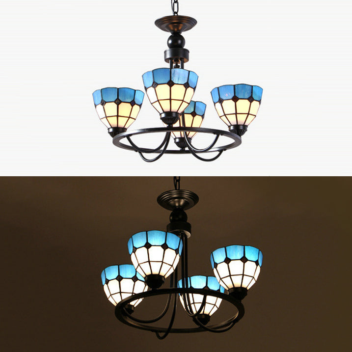 Blue Glass Bowl Ceiling Hanging Light 4 Lights Mediterranean Chandelier Lamp for Bedroom Clearhalo 'Ceiling Lights' 'Chandeliers' 'Industrial' 'Middle Century Chandeliers' 'Tiffany Chandeliers' 'Tiffany close to ceiling' 'Tiffany' Lighting' 95004