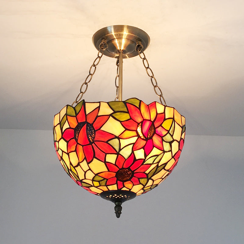 Rustic Sunflower Hanging Lamp Stained Glass Chandelier Lighting in Orange for Corridor Clearhalo 'Ceiling Lights' 'Close To Ceiling Lights' 'Close to ceiling' 'Glass shade' 'Glass' 'Semi-flushmount' 'Tiffany close to ceiling' 'Tiffany' Lighting' 95212