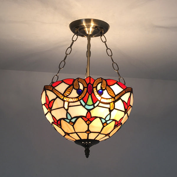 Stained Glass Bowl Chandelier Victorian Style Ceiling Lighting Fixture in Beige for Foyer Beige Clearhalo 'Ceiling Lights' 'Close To Ceiling Lights' 'Close to ceiling' 'Glass shade' 'Glass' 'Semi-flushmount' 'Tiffany close to ceiling' 'Tiffany' Lighting' 95221