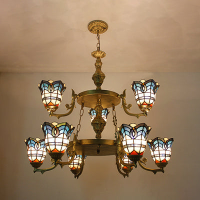 Baroque Bell Suspended Light with Adjustable Chain Stained Glass 2 Tiers Chandelier Lighting in Blue Blue Clearhalo 'Ceiling Lights' 'Chandeliers' 'Industrial' 'Middle Century Chandeliers' 'Pendant Lights' 'Tiffany Chandeliers' 'Tiffany close to ceiling' 'Tiffany' Lighting' 95460