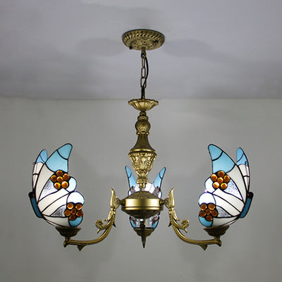 3 Lights Butterfly Hanging Light Loft Style Stained Glass Ceiling Chandelier with Chain in White/Red/Blue/Orange-Green White Clearhalo 'Ceiling Lights' 'Chandeliers' 'Industrial' 'Middle Century Chandeliers' 'Tiffany Chandeliers' 'Tiffany close to ceiling' 'Tiffany' Lighting' 95464