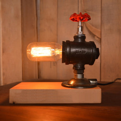 1 Light Bare Bulb Table Light Industrial Black Metal Standing Light with Valve Wheel and Wooden Base Black Clearhalo 'Lamps' 'Table Lamps' Lighting' 95756