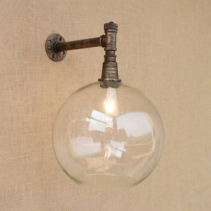 Wrought Iron Bronze Wall Light Fixture Pipe 1 Head Antique Style Wall Mount Light with Global Glass Shade, 8