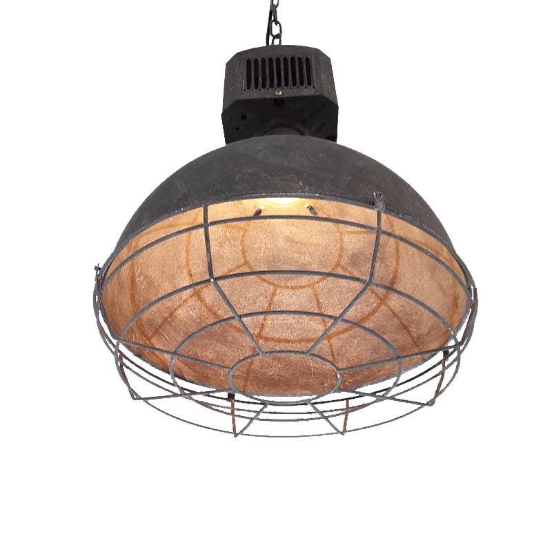 Wrought Iron Dome Suspension Light Rustic Style 1 Light Restaurant Hanging Pendant Light with Wire Guard in Grey Clearhalo 'Art Deco Pendants' 'Cast Iron' 'Ceiling Lights' 'Ceramic' 'Crystal' 'Industrial Pendants' 'Industrial' 'Metal' 'Middle Century Pendants' 'Pendant Lights' 'Pendants' 'Tiffany' Lighting' 95901