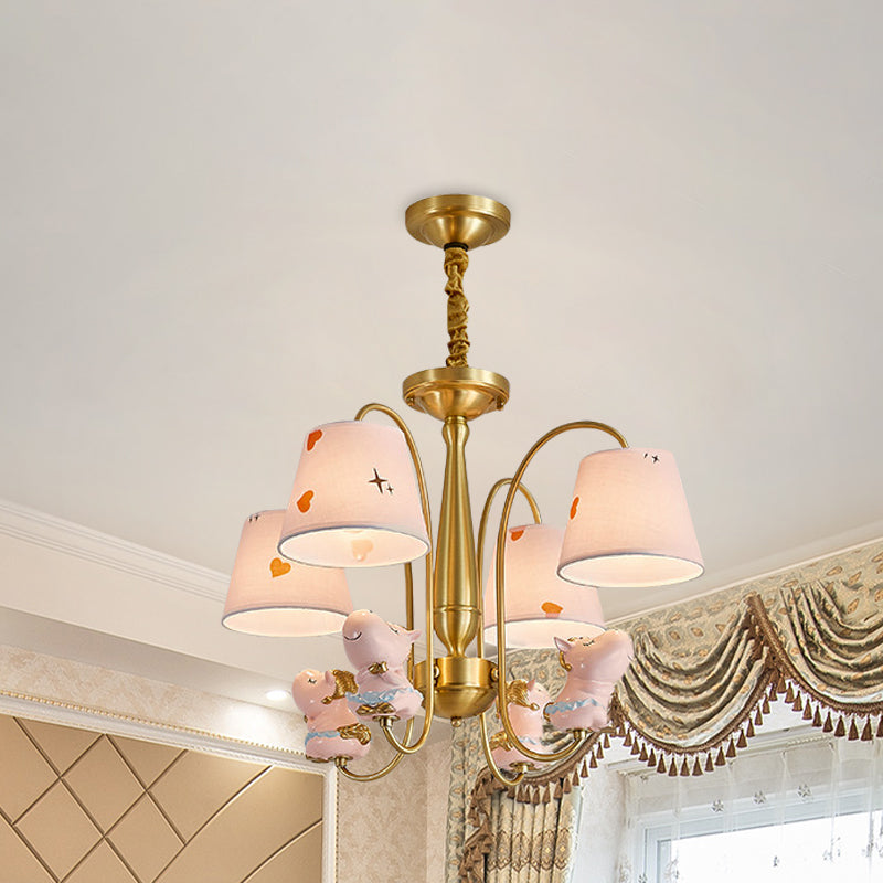 Barrel Fabric Shade Ceiling Chandelier Cartoon 4 Heads Pink Horse Hanging Light with Curved Brass Arm Brass Clearhalo 'Ceiling Lights' 'Chandeliers' Lighting' options 959694_700db2eb-8183-45af-931f-f681e1985d72