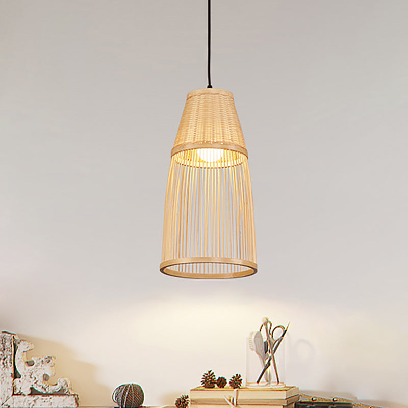 Beige Cone Down Lighting Asia Style 1 Head Bamboo Rattan Pendulum Lamp for Tea Room Clearhalo 'Ceiling Lights' 'Pendant Lights' 'Pendants' Lighting' 960010