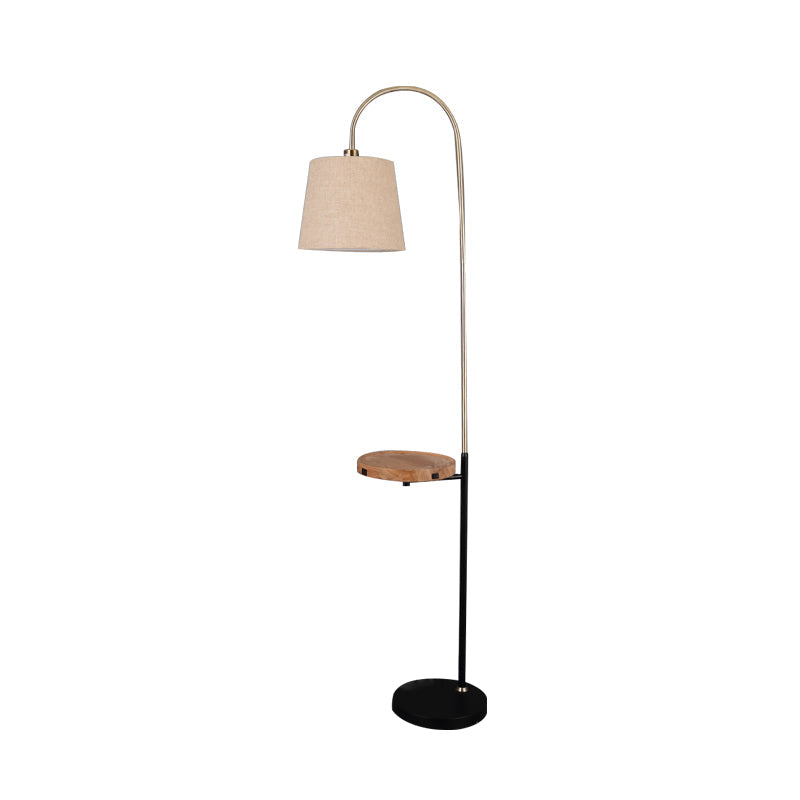 Flaxen Barrel Shade Floor Lighting Minimalist Single Head Fabric Standard Lamp with Round Wooden Panel Clearhalo 'Floor Lamps' 'Lamps' Lighting' 960096