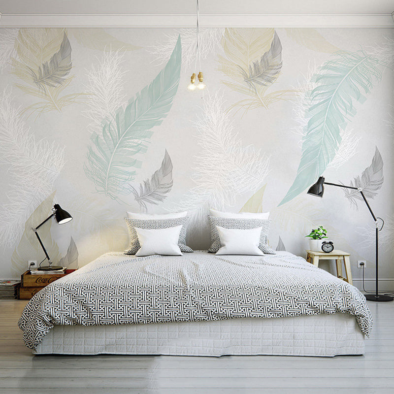 Full Size Feather Wall Art in Grey and Blue Non-Woven Fabric Mural Wallpaper for Home Decoration, Made to Measure Clearhalo 'Wall Decor' 'Wall Mural' 961375