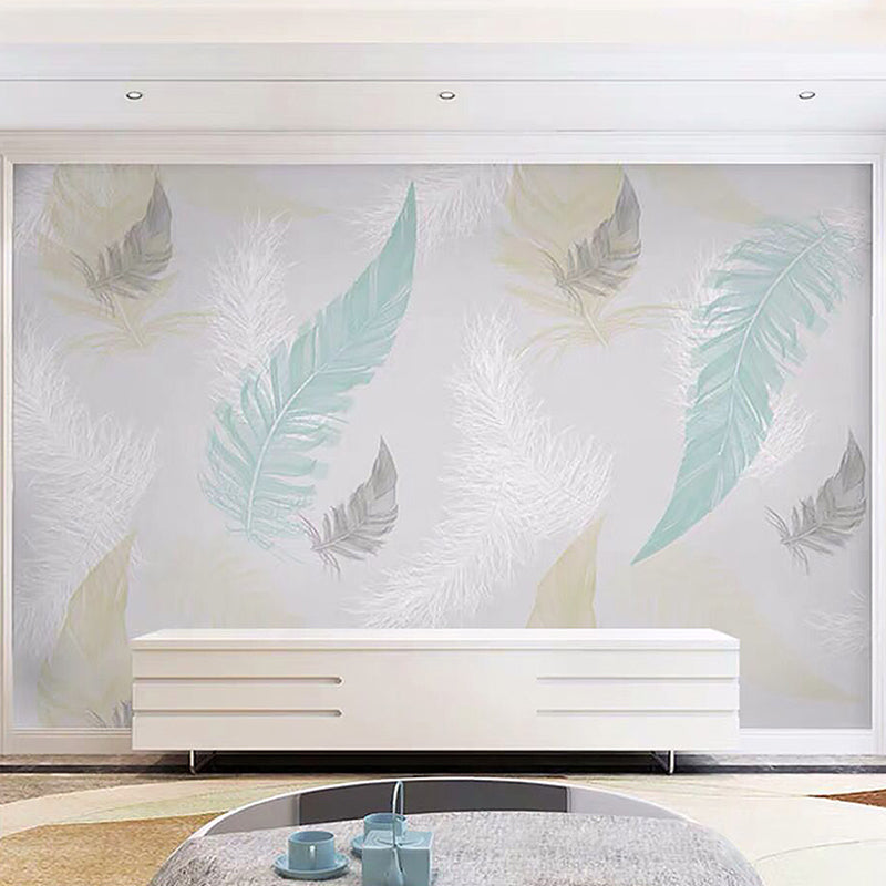 Full Size Feather Wall Art in Grey and Blue Non-Woven Fabric Mural Wallpaper for Home Decoration, Made to Measure Clearhalo 'Wall Decor' 'Wall Mural' 961377