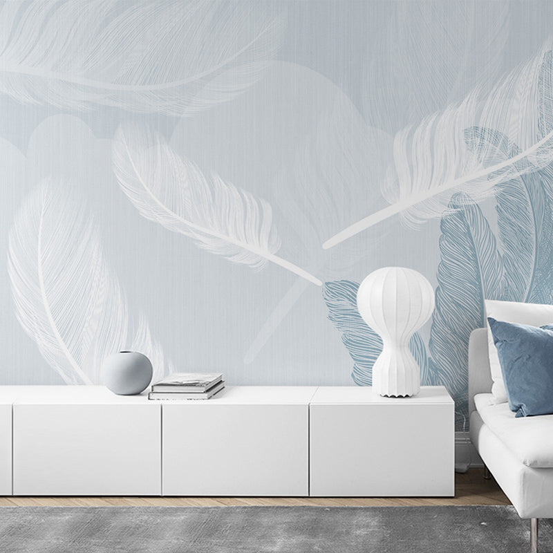 Scandinavian Feather Wall Mural for Living Room, Blue and White, Personalized Size Available Blue-White Clearhalo 'Wall Decor' 'Wall Mural' 961380