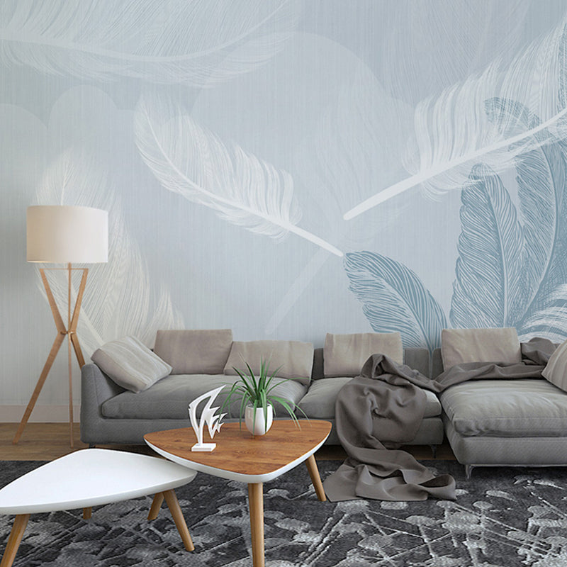 Scandinavian Feather Wall Mural for Living Room, Blue and White, Personalized Size Available Clearhalo 'Wall Decor' 'Wall Mural' 961382