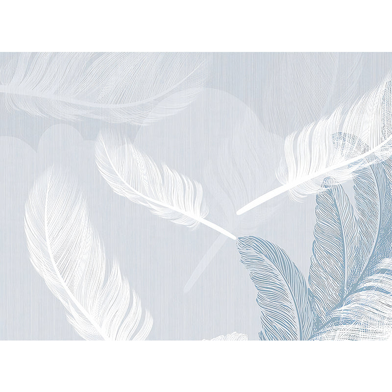 Scandinavian Feather Wall Mural for Living Room, Blue and White, Personalized Size Available Clearhalo 'Wall Decor' 'Wall Mural' 961384