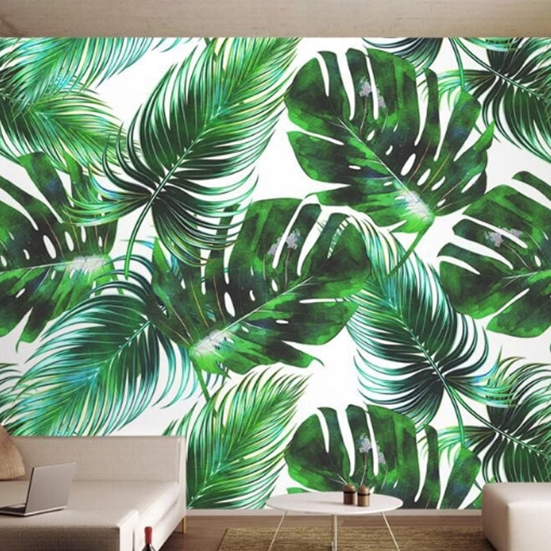 Banana Leaf Mural Wallpaper for Thai Restaurant, Tropical Wall Decor in Dark Green Green Clearhalo 'Wall Decor' 'Wall Mural' 961410