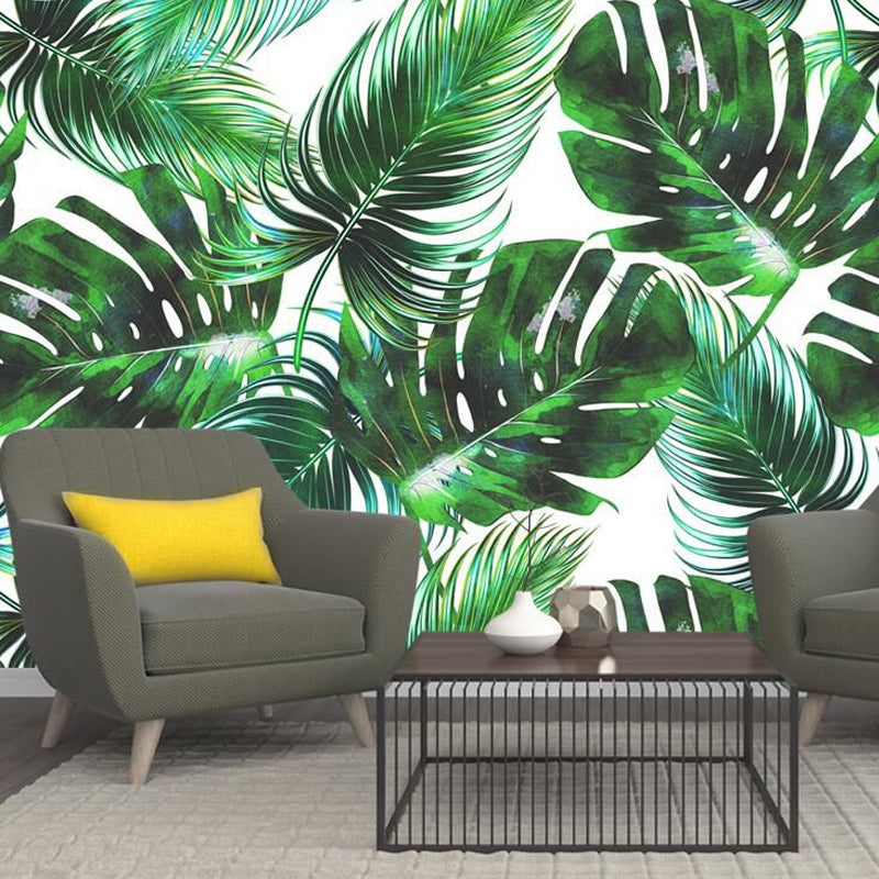 Banana Leaf Mural Wallpaper for Thai Restaurant, Tropical Wall Decor in Dark Green Clearhalo 'Wall Decor' 'Wall Mural' 961411