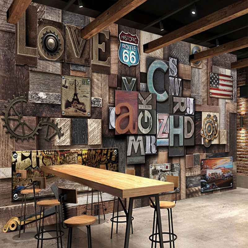 Extra Large Faux Wood Mural Steampunk Novelty Wall Covering in Dark Brown, Custom Size Available Clearhalo 'Wall Decor' 'Wall Mural' 961448