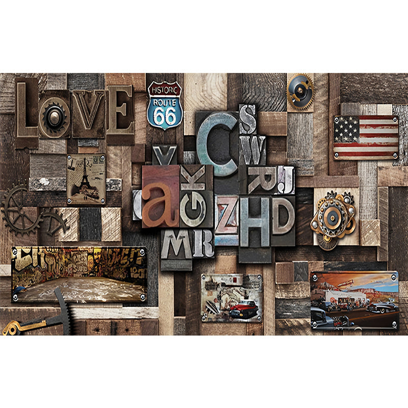 Extra Large Faux Wood Mural Steampunk Novelty Wall Covering in Dark Brown, Custom Size Available Clearhalo 'Wall Decor' 'Wall Mural' 961450