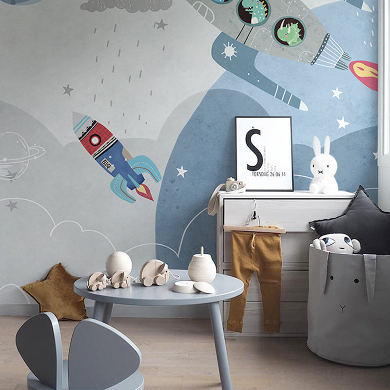 Blue and Grey Rocket Mural Waterproof Wall Covering for Children's Bedroom Clearhalo 'Wall Decor' 'Wall Mural' 961459