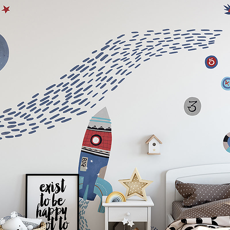 Cute Cartoon Rocket Wall Art for Kid Personalized Size Wall Mural in Red and Blue Red-Blue Clearhalo 'Wall Decor' 'Wall Mural' 961470