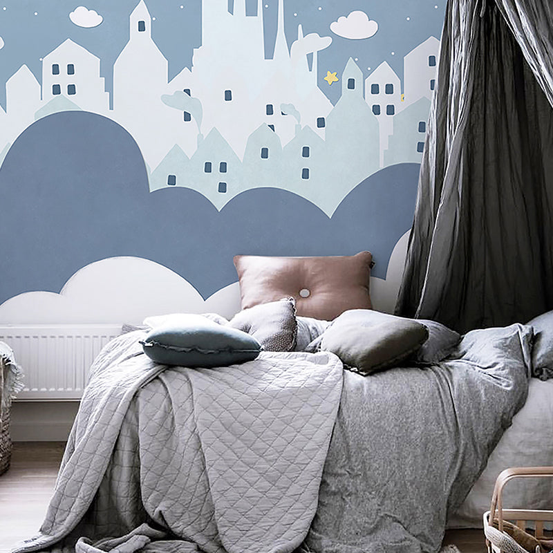 Star and Cloud Mural Wallpaper in Pastel Blue, Scandinavian Wall Decor for Boy or Girl Blue Clearhalo 'Wall Decor' 'Wall Mural' 961476