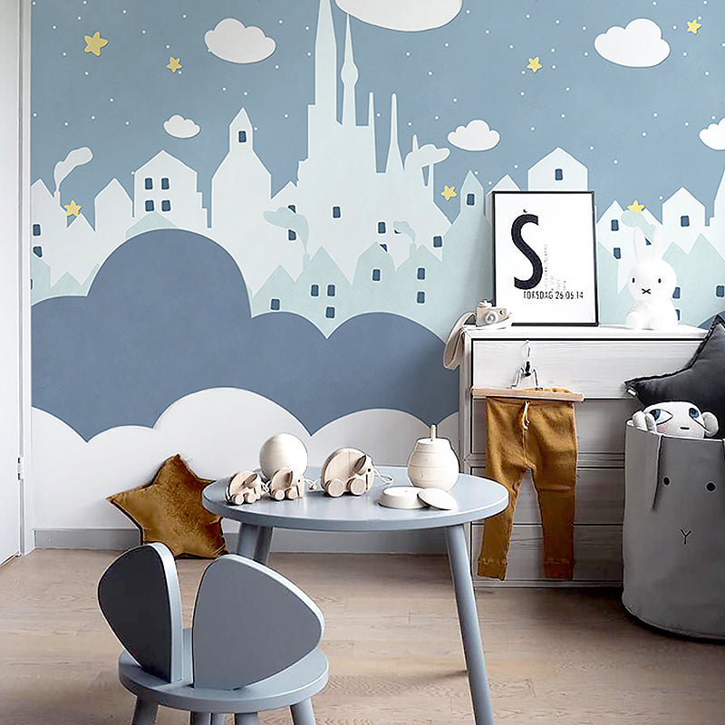 Star and Cloud Mural Wallpaper in Pastel Blue, Scandinavian Wall Decor for Boy or Girl Clearhalo 'Wall Decor' 'Wall Mural' 961477