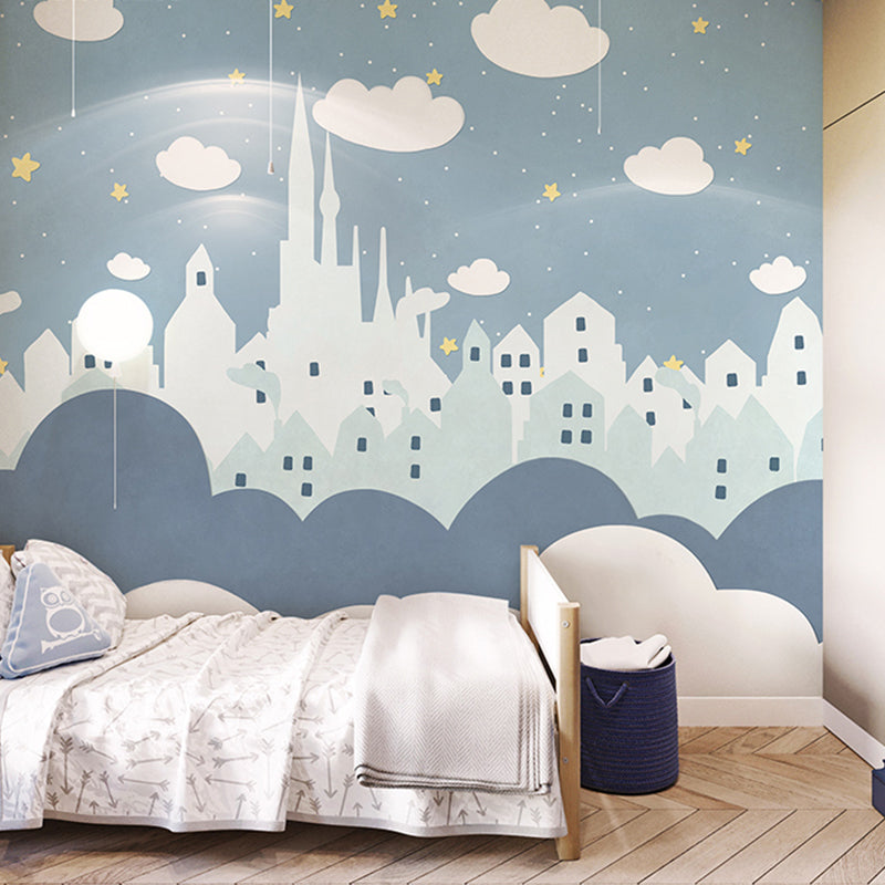 Star and Cloud Mural Wallpaper in Pastel Blue, Scandinavian Wall Decor for Boy or Girl Clearhalo 'Wall Decor' 'Wall Mural' 961478