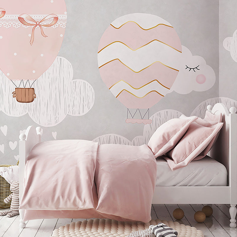 Giant Balloon and Sky Mural for Kid's Bedroom Cartoon Style Wall Decor for Children Gray-Pink Clearhalo 'Wall Decor' 'Wall Mural' 961482