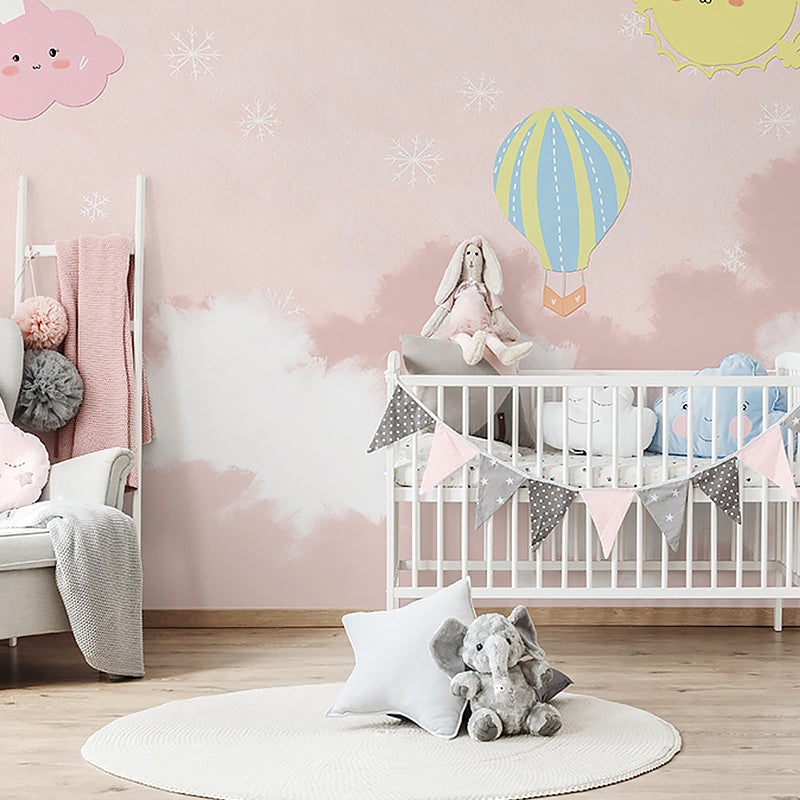 Full Illustration Minimalist Mural Wallpaper for Children with Balloon and Cloud in Pink and White Pink Clearhalo 'Wall Decor' 'Wall Mural' 961488