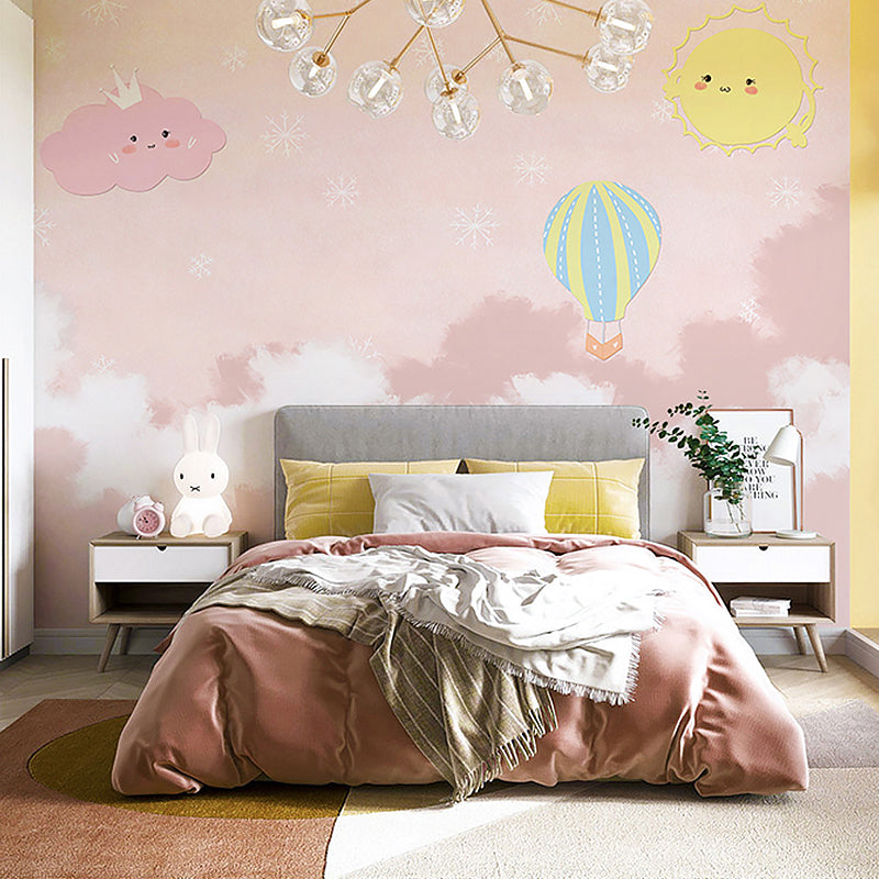 Full Illustration Minimalist Mural Wallpaper for Children with Balloon and Cloud in Pink and White Clearhalo 'Wall Decor' 'Wall Mural' 961490